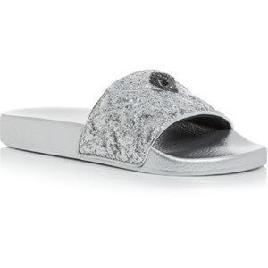 Kurt Geiger London Womens Meena Silver Metallic Glitter Pool Slides Shoes NWT